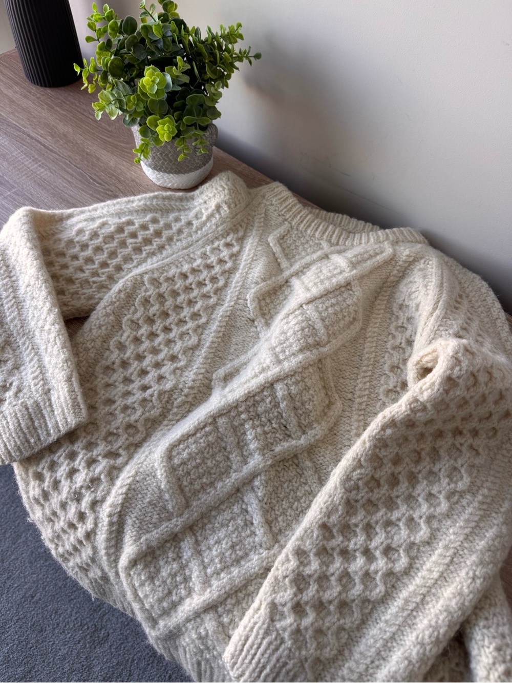 L.L.Bean Wool Fisherman Cable Knit Sweater Cream Aran Unisex L